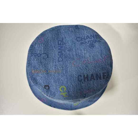Chanel 22P Blue Black Pink Denim Graffiti CC Logo Sun Cloche Bucket Hat Small S - Picture 8 of 11